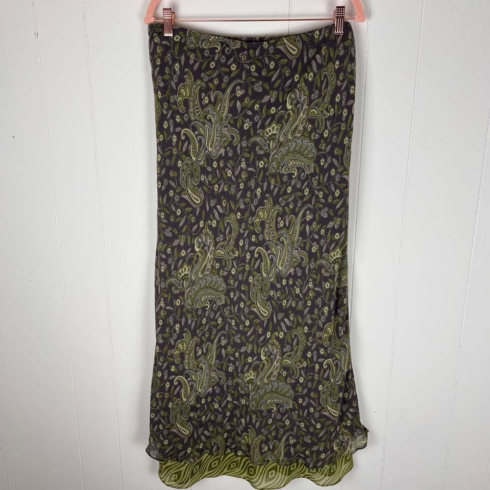 Vintage Central Falls Maxi Skirt L Green Olive Paisley Boho Fairy Phoebe USA 90s - Picture 3 of 7